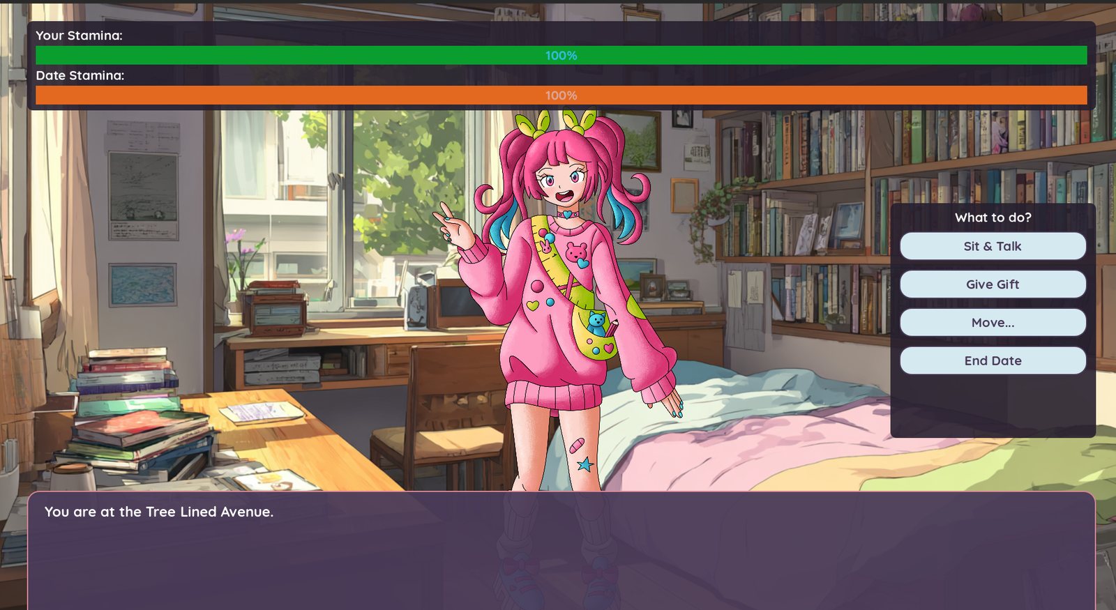 Screenshot: a date with Mimi on Tree Lined Avenue, with stamina bars and date actions