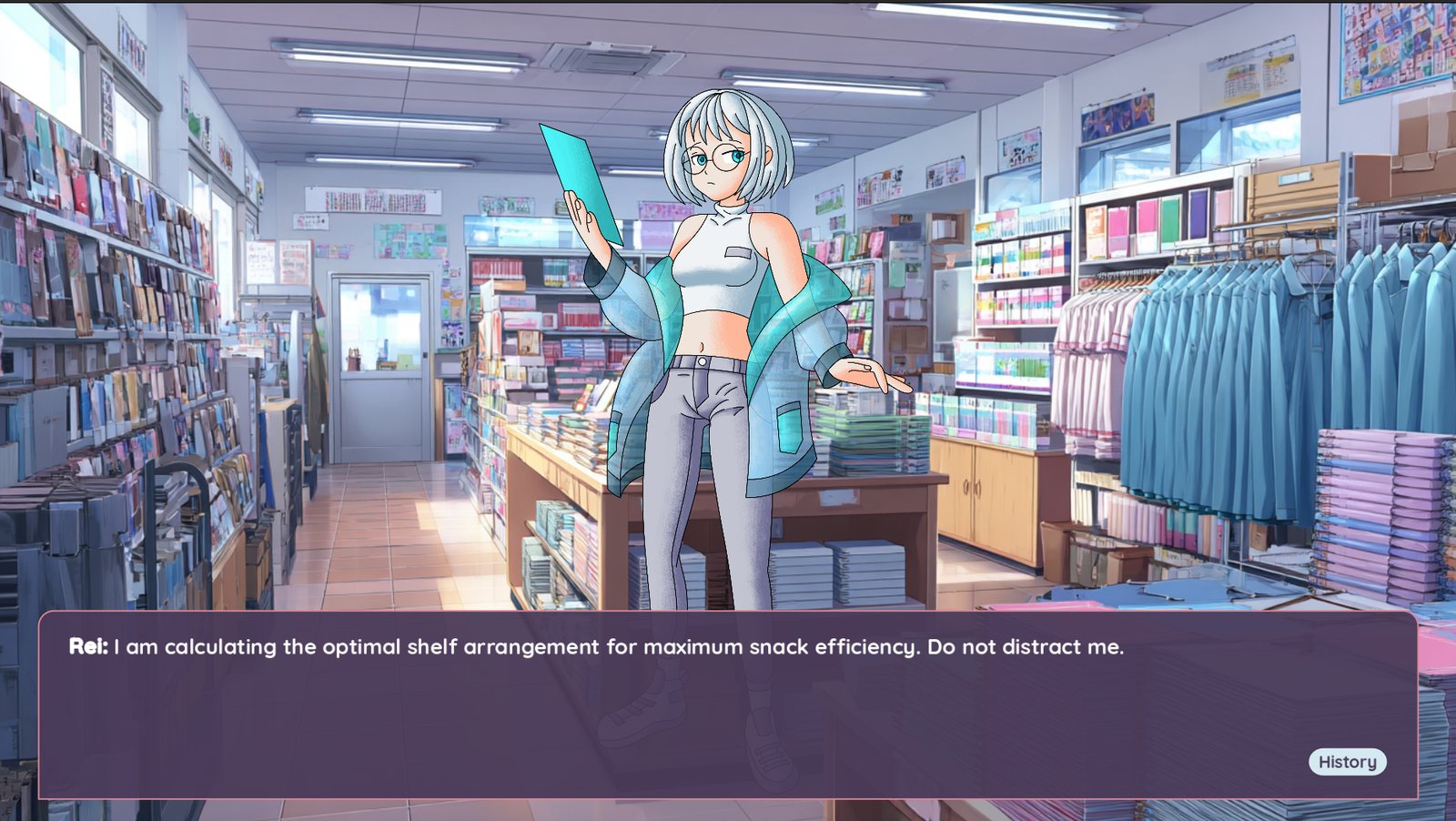 Screenshot: meeting Rei in the campus store