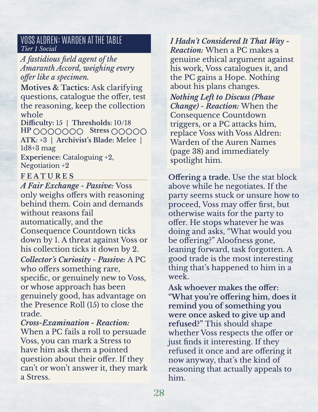 Page from Where the Watermint Grows: Voss Aldren, social stat block